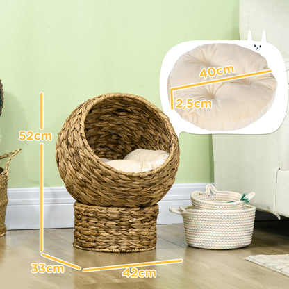 Rattan Cat Basket Cat Cave Cat Hut Cat Bed with Cushion Pet Bed Water Hyacinth Brown 42 x 33 x 52 cm