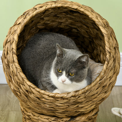 Rattan Cat Basket Cat Cave Cat Hut Cat Bed with Cushion Pet Bed Water Hyacinth Brown 42 x 33 x 52 cm