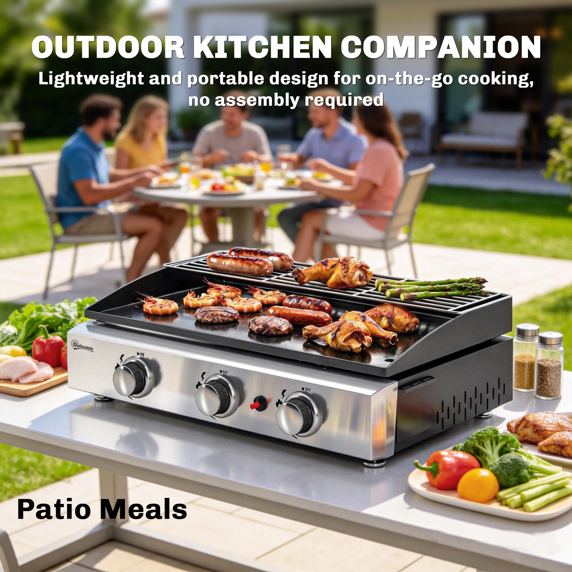 Portable Tabletop Gas Grill 7.5 kW – 3-Burner Ceramic-Coated Griddle, Stainless Warming Rack, Removable Grease Tray, Stainless Steel Picnic/Patio Grill