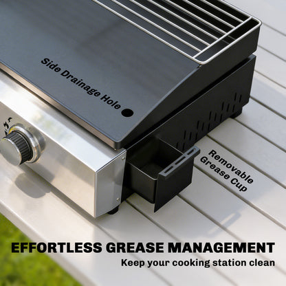 Portable Tabletop Gas Grill 7.5 kW – 3-Burner Ceramic-Coated Griddle, Stainless Warming Rack, Removable Grease Tray, Stainless Steel Picnic/Patio Grill