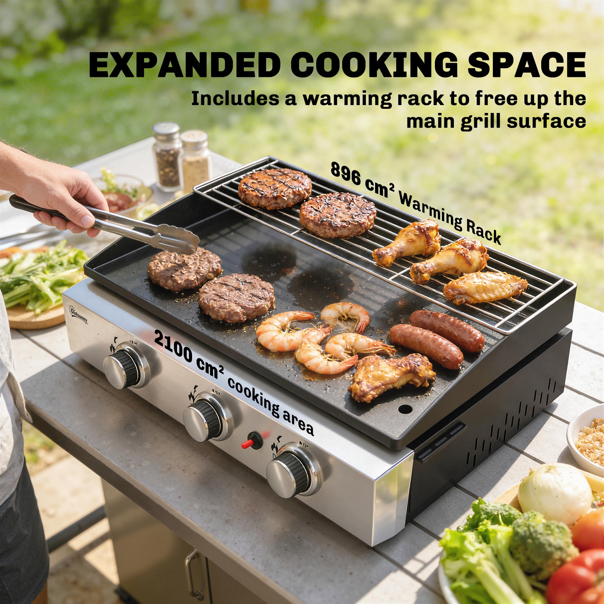 Portable Tabletop Gas Grill 7.5 kW – 3-Burner Ceramic-Coated Griddle, Stainless Warming Rack, Removable Grease Tray, Stainless Steel Picnic/Patio Grill