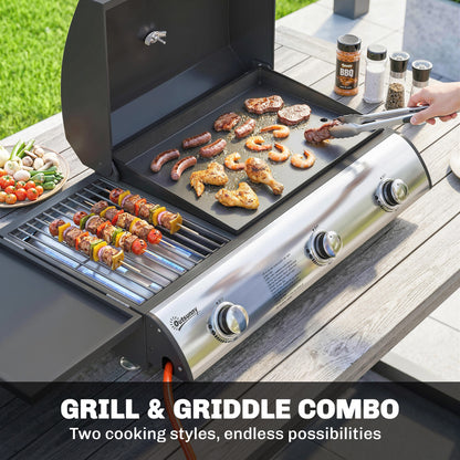 7.5 kW Portable Tabletop Gas Grill — 3 Burners, Griddle, Side Shelf, Enamel Grates, Removable Grease Tray & Thermometer — Ideal for Garden, Balcony & Picnics