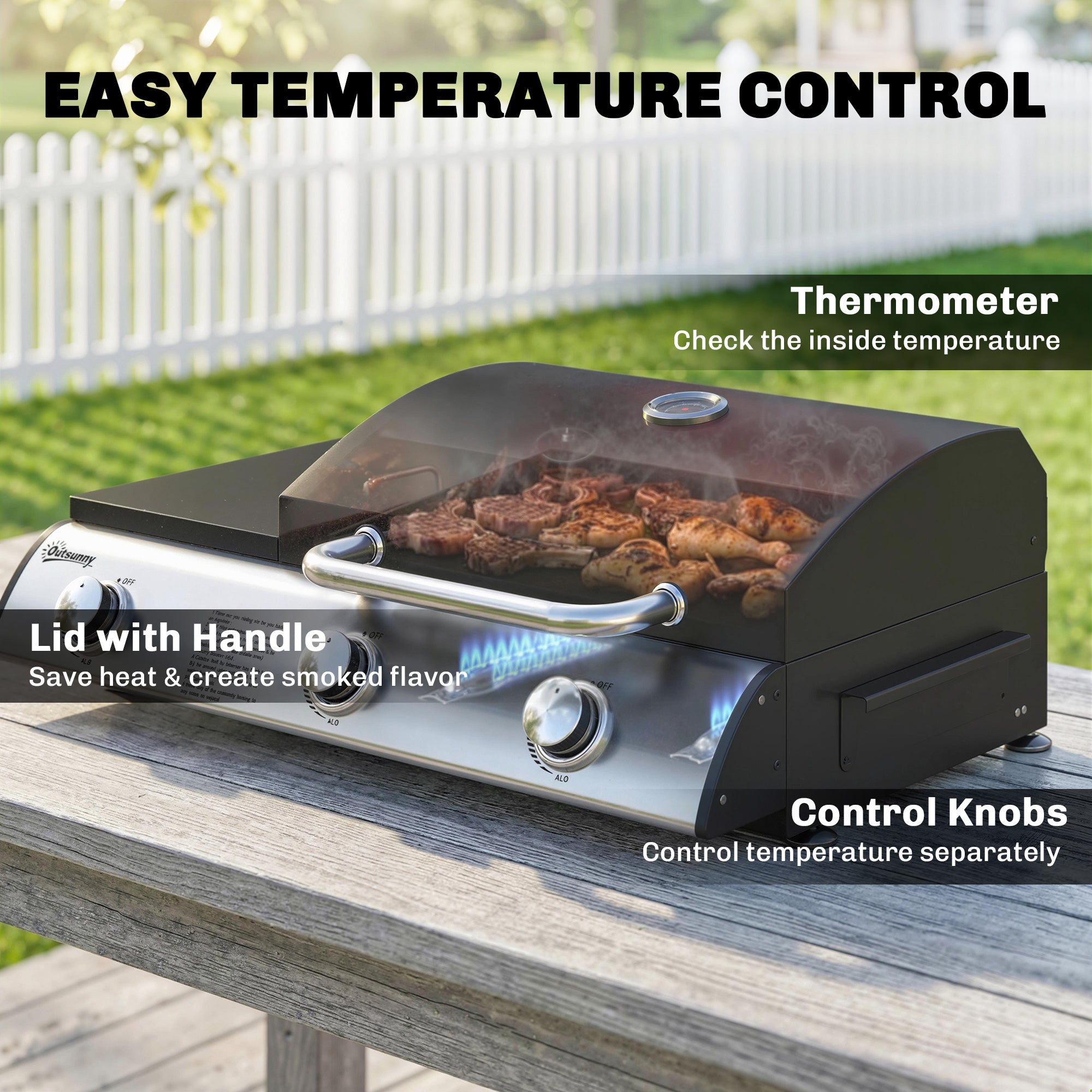 7.5 kW Portable Tabletop Gas Grill — 3 Burners, Griddle, Side Shelf, Enamel Grates, Removable Grease Tray & Thermometer — Ideal for Garden, Balcony & Picnics