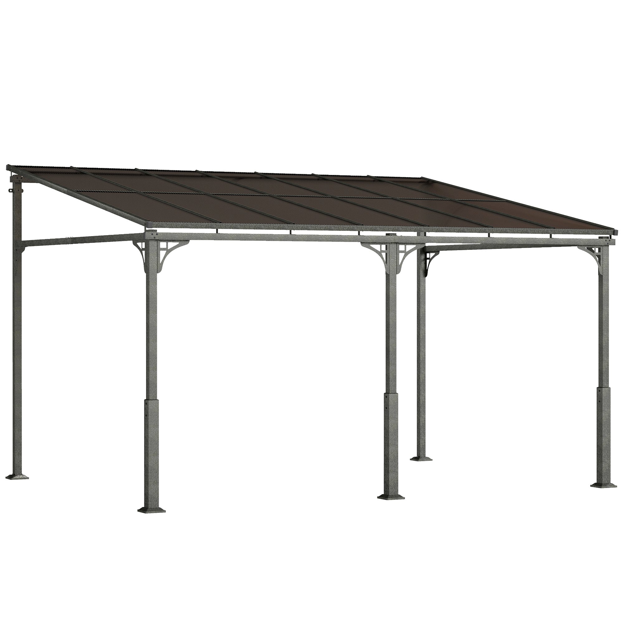 4 x 3 m Wall-Mounted Pergola with 7 mm Polycarbonate Roof — Metal & Aluminum Garden Gazebo, UV Protection, Brown