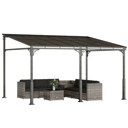 4 x 3 m Wall-Mounted Pergola with 7 mm Polycarbonate Roof — Metal & Aluminum Garden Gazebo, UV Protection, Brown