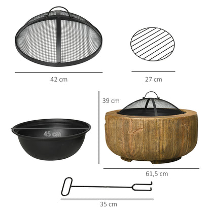 Fire Pit, Fire Bowl with Lid, Fire Basket with Poker, in Tree Stump Design, for Garden, Camping, Patio, Steel, MgO, Brown