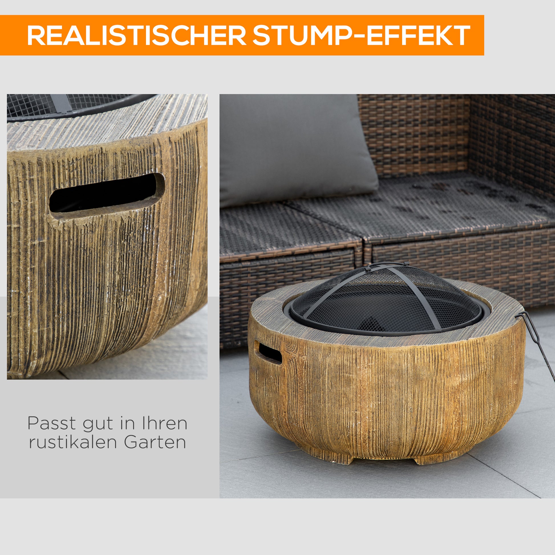 Fire Pit, Fire Bowl with Lid, Fire Basket with Poker, in Tree Stump Design, for Garden, Camping, Patio, Steel, MgO, Brown