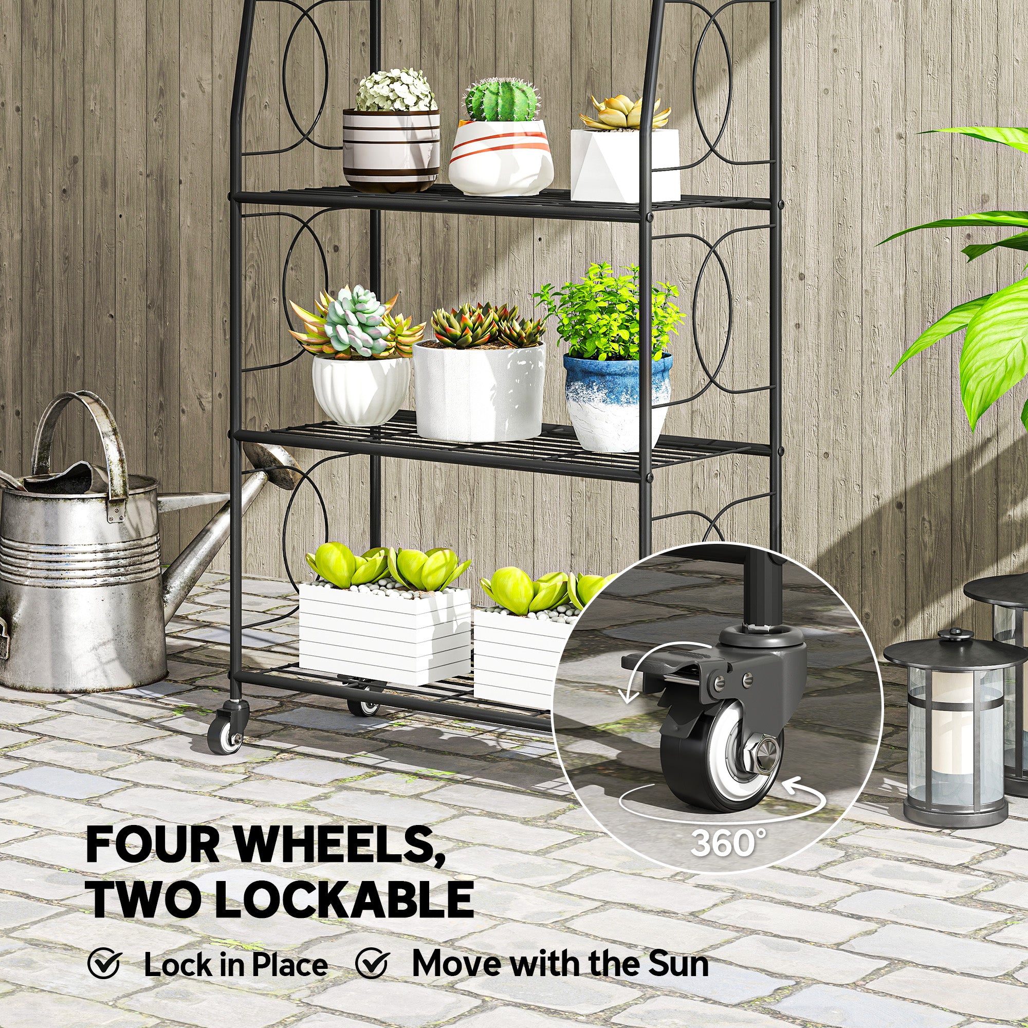 4-Tier Metal Plant Stand with Wheels & Handles, 44.9 in High — Multi-Layer Pot Rack for Garden, Balcony & Indoor (Black)