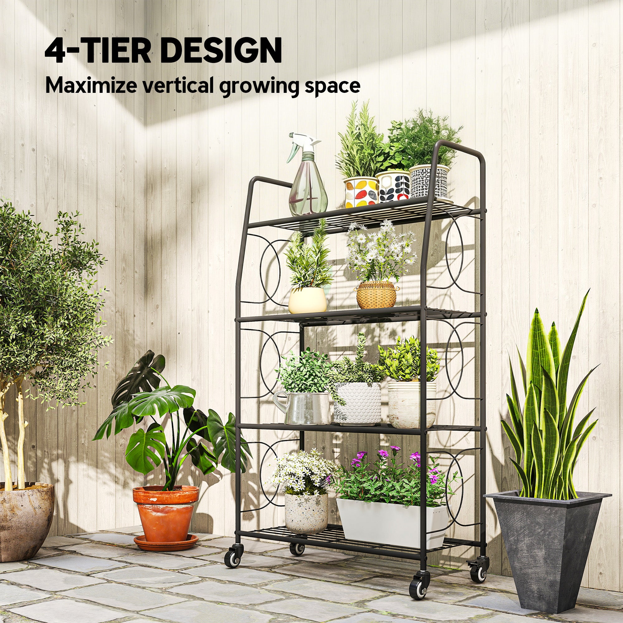 4-Tier Metal Plant Stand with Wheels & Handles, 44.9 in High — Multi-Layer Pot Rack for Garden, Balcony & Indoor (Black)
