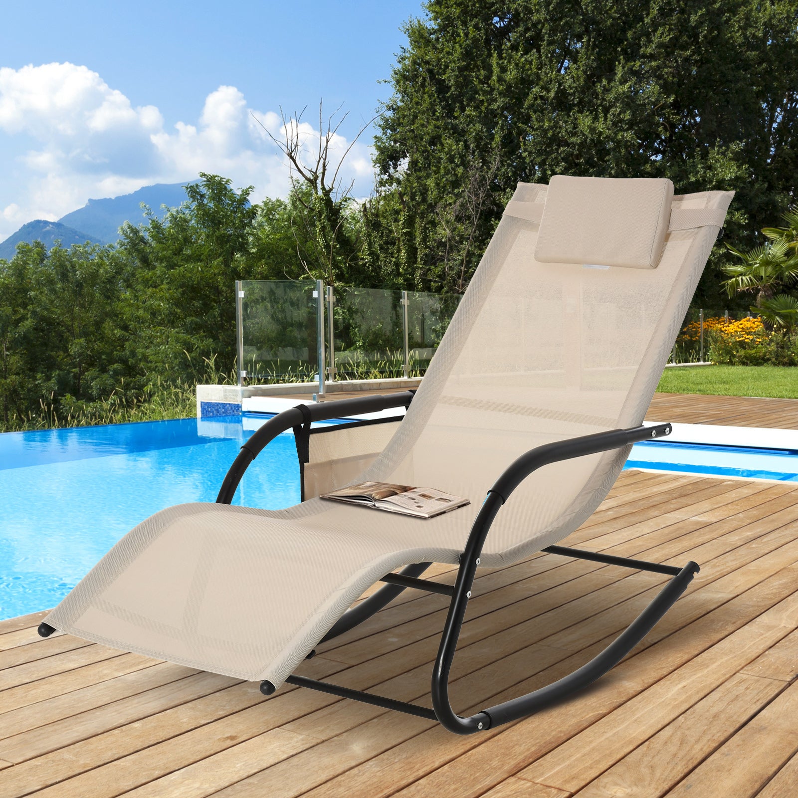 Swing Rocking Chair Garden Chair Rocker Metal Mesh Beige 150 x 62 x 88 cm