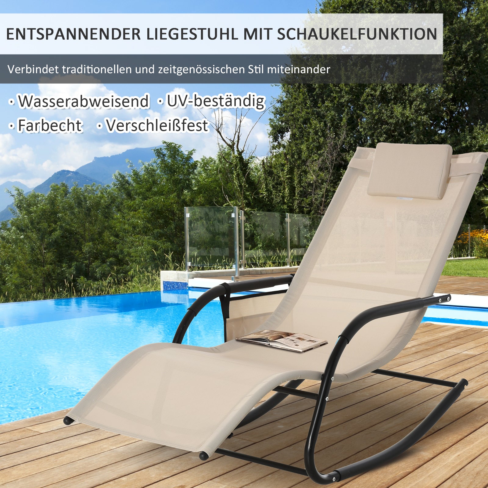 Swing Rocking Chair Garden Chair Rocker Metal Mesh Beige 150 x 62 x 88 cm