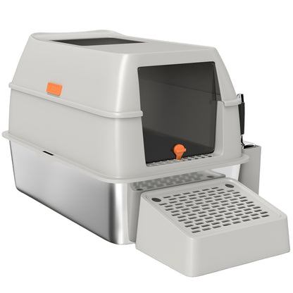 Stainless Steel Covered Cat Litter Box with Exit Step and Stainless Steel Shovel in Light Gray