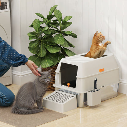 Stainless Steel Covered Cat Litter Box with Exit Step and Stainless Steel Shovel in Light Gray