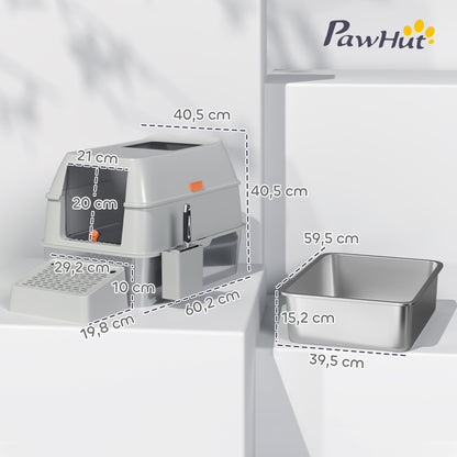 Stainless Steel Covered Cat Litter Box with Exit Step and Stainless Steel Shovel in Light Gray