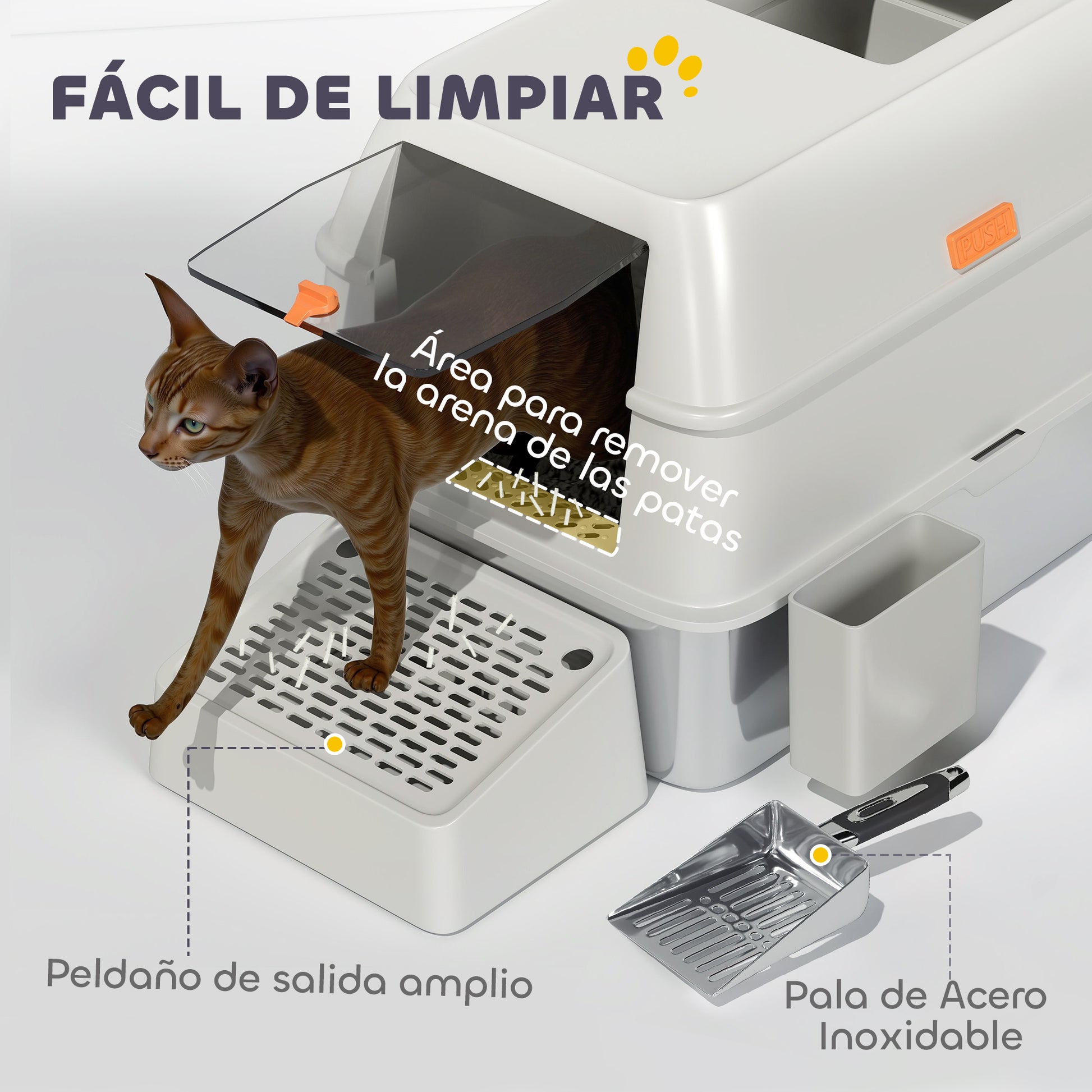 Stainless Steel Covered Cat Litter Box with Exit Step and Stainless Steel Shovel in Light Gray