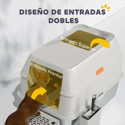 Stainless Steel Covered Cat Litter Box with Exit Step and Stainless Steel Shovel in Light Gray