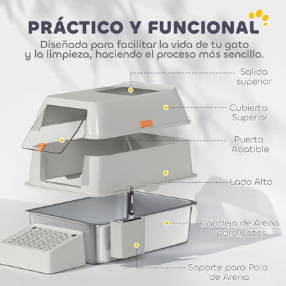 Stainless Steel Covered Cat Litter Box with Exit Step and Stainless Steel Shovel in Light Gray