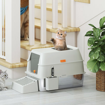 Stainless Steel Covered Cat Litter Box with Exit Step and Stainless Steel Shovel in Light Gray