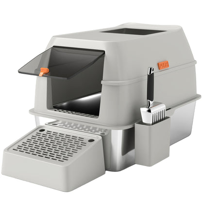 Stainless Steel Covered Cat Litter Box with Exit Step and Stainless Steel Shovel in Light Gray