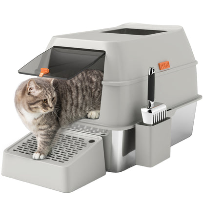 Stainless Steel Covered Cat Litter Box with Exit Step and Stainless Steel Shovel in Light Gray