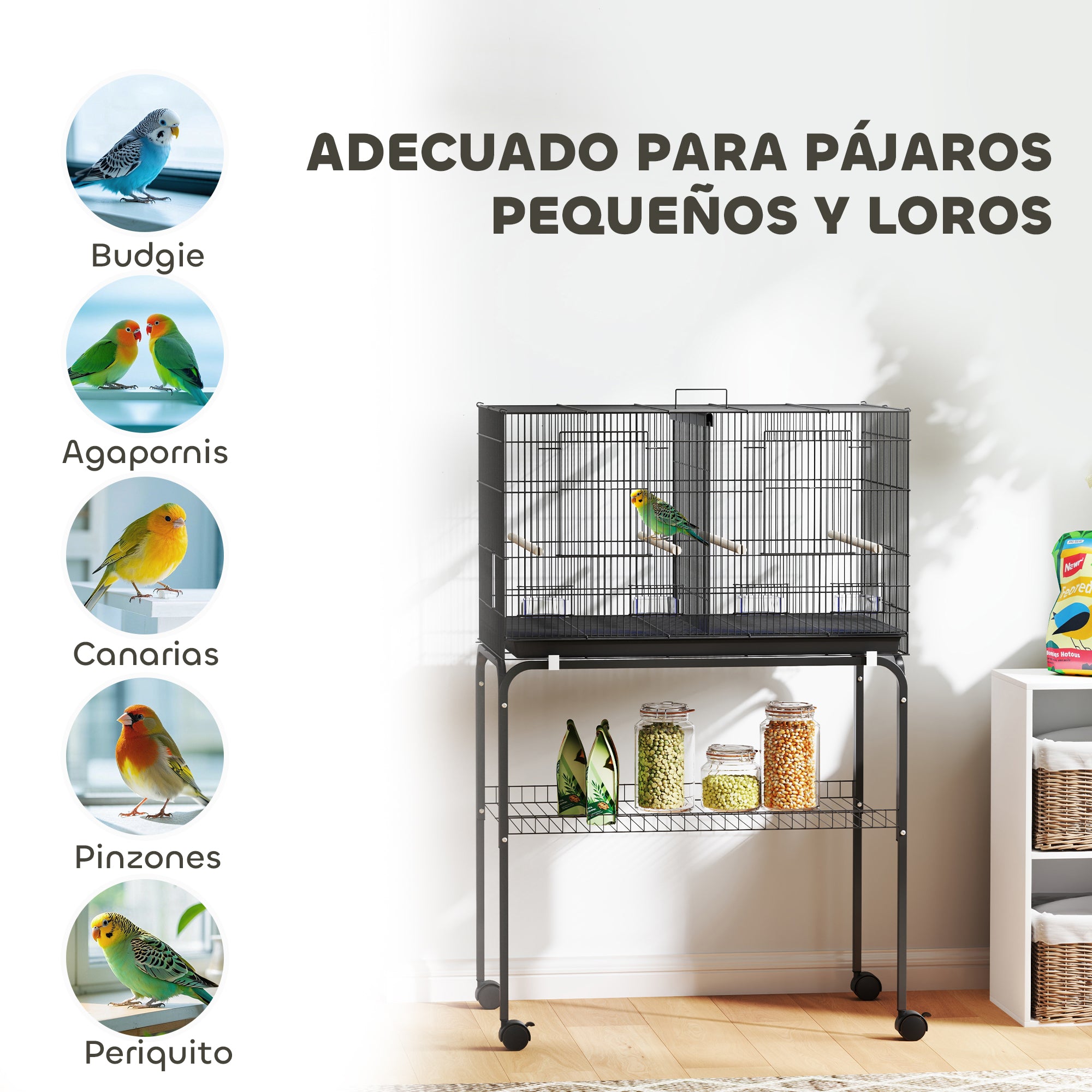Bird Cage with Divider Birdhouse with Wheels 4 Feeders 4 Perches and Removable Tray Cage for Parrots Canaries Budgies 30x18x46 inches Black