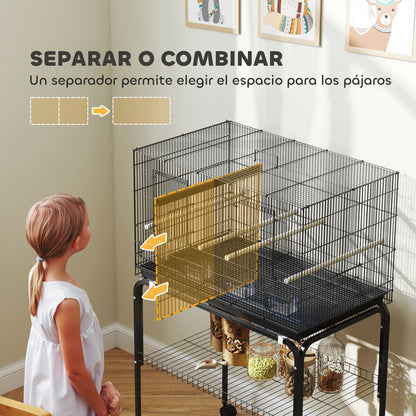 Bird Cage with Divider Birdhouse with Wheels 4 Feeders 4 Perches and Removable Tray Cage for Parrots Canaries Budgies 30x18x46 inches Black