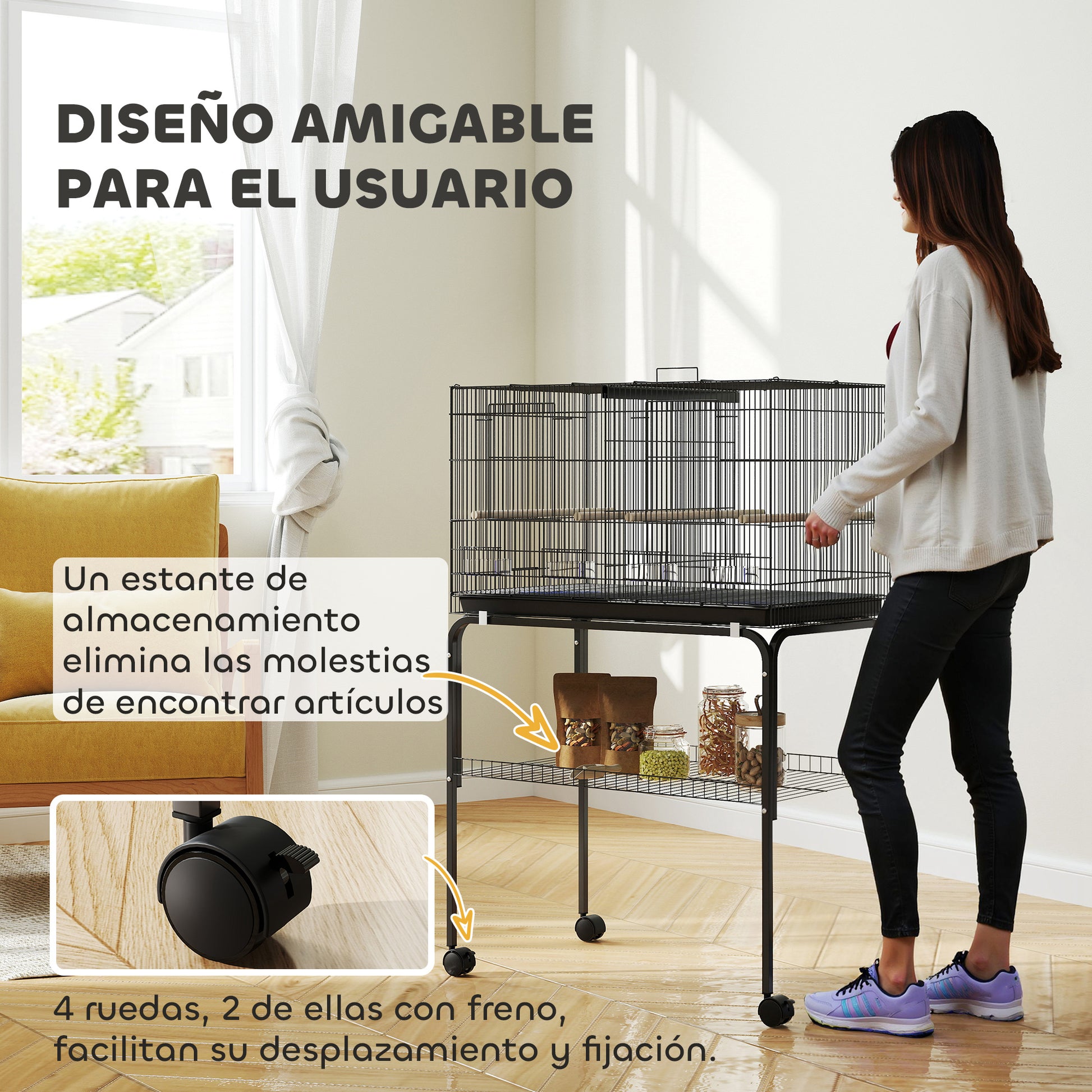 Bird Cage with Divider Birdhouse with Wheels 4 Feeders 4 Perches and Removable Tray Cage for Parrots Canaries Budgies 30x18x46 inches Black