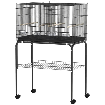 Bird Cage with Divider Birdhouse with Wheels 4 Feeders 4 Perches and Removable Tray Cage for Parrots Canaries Budgies 30x18x46 inches Black