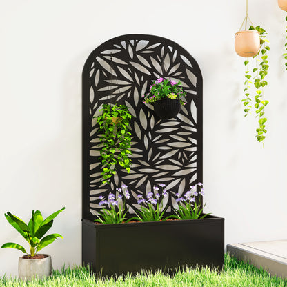 Elevated Planter with Leaf-Pattern Trellis — Metal Flower Box 24" x 9" x 44.5" for Garden, Balcony & Patio