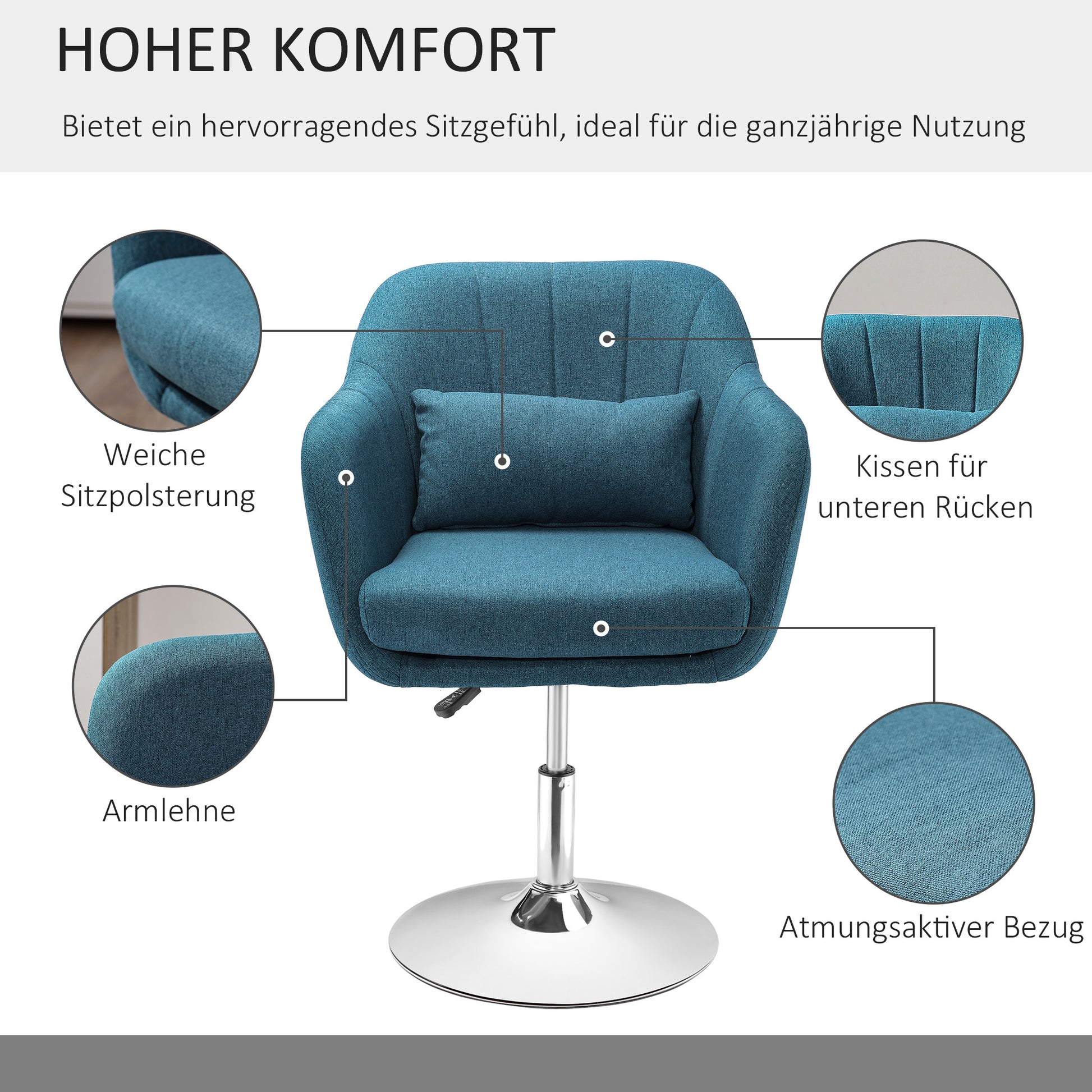 Armchair Lounge Chair with Armrest, Lumbar Pillow, Padded Recliner with Metal Frame, Linen Look, Height Adjustable Swivel Chair for Bedroom, Living Room, Light Blue
