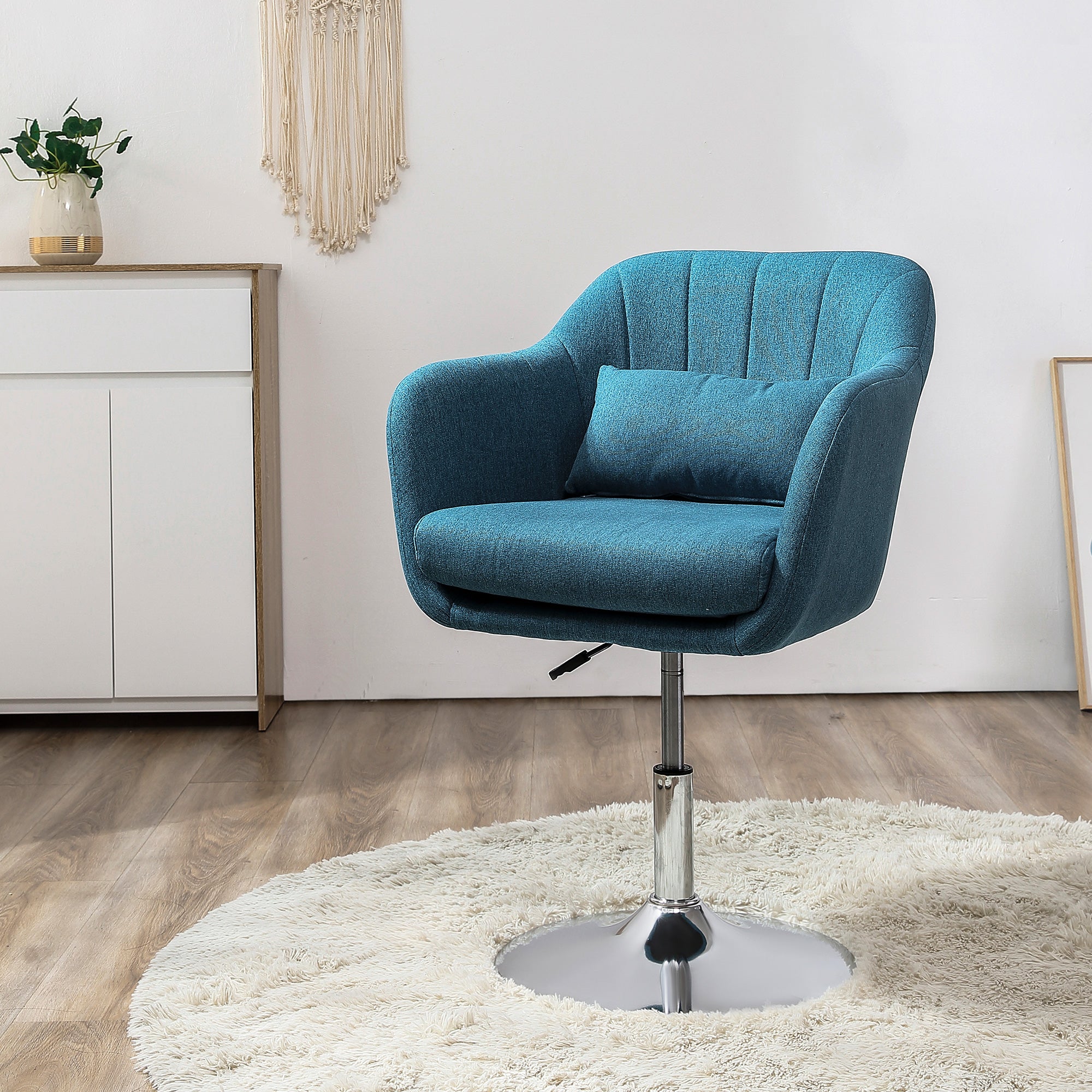 Armchair Lounge Chair with Armrest, Lumbar Pillow, Padded Recliner with Metal Frame, Linen Look, Height Adjustable Swivel Chair for Bedroom, Living Room, Light Blue