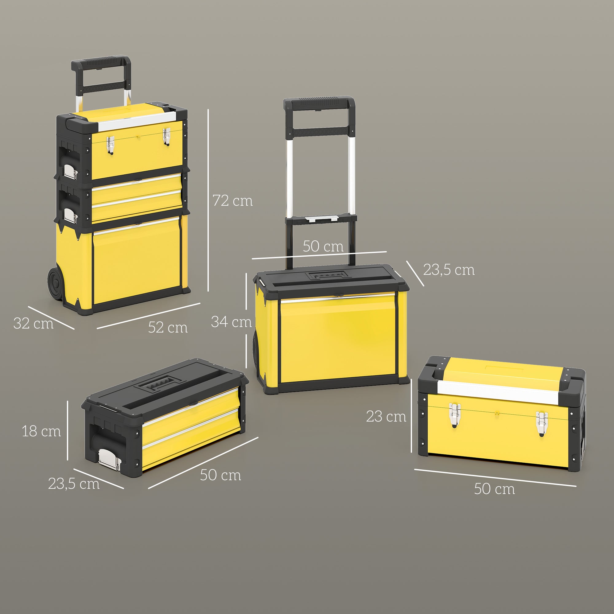 Mobile Stackable 3-in-1 Toolbox with Wheels Steel Tool Cart with Telescopic Handle Yellow and Black