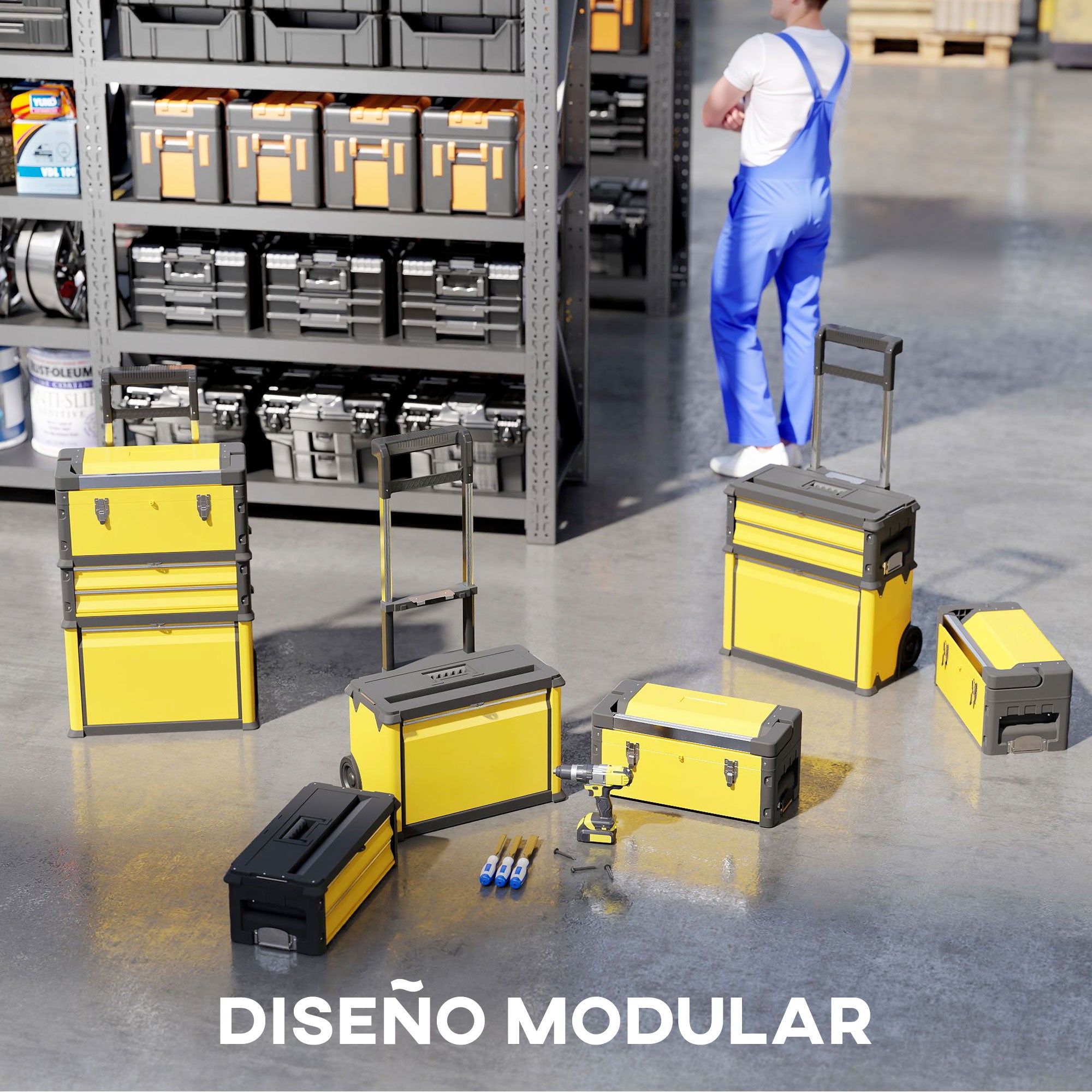 Mobile Stackable 3-in-1 Toolbox with Wheels Steel Tool Cart with Telescopic Handle Yellow and Black
