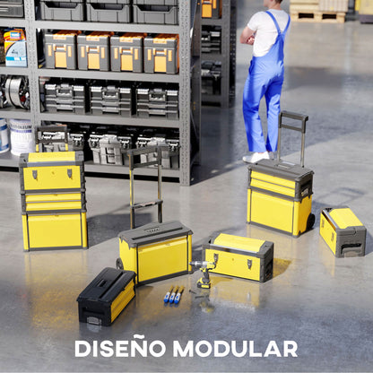 Mobile Stackable 3-in-1 Toolbox with Wheels Steel Tool Cart with Telescopic Handle Yellow and Black