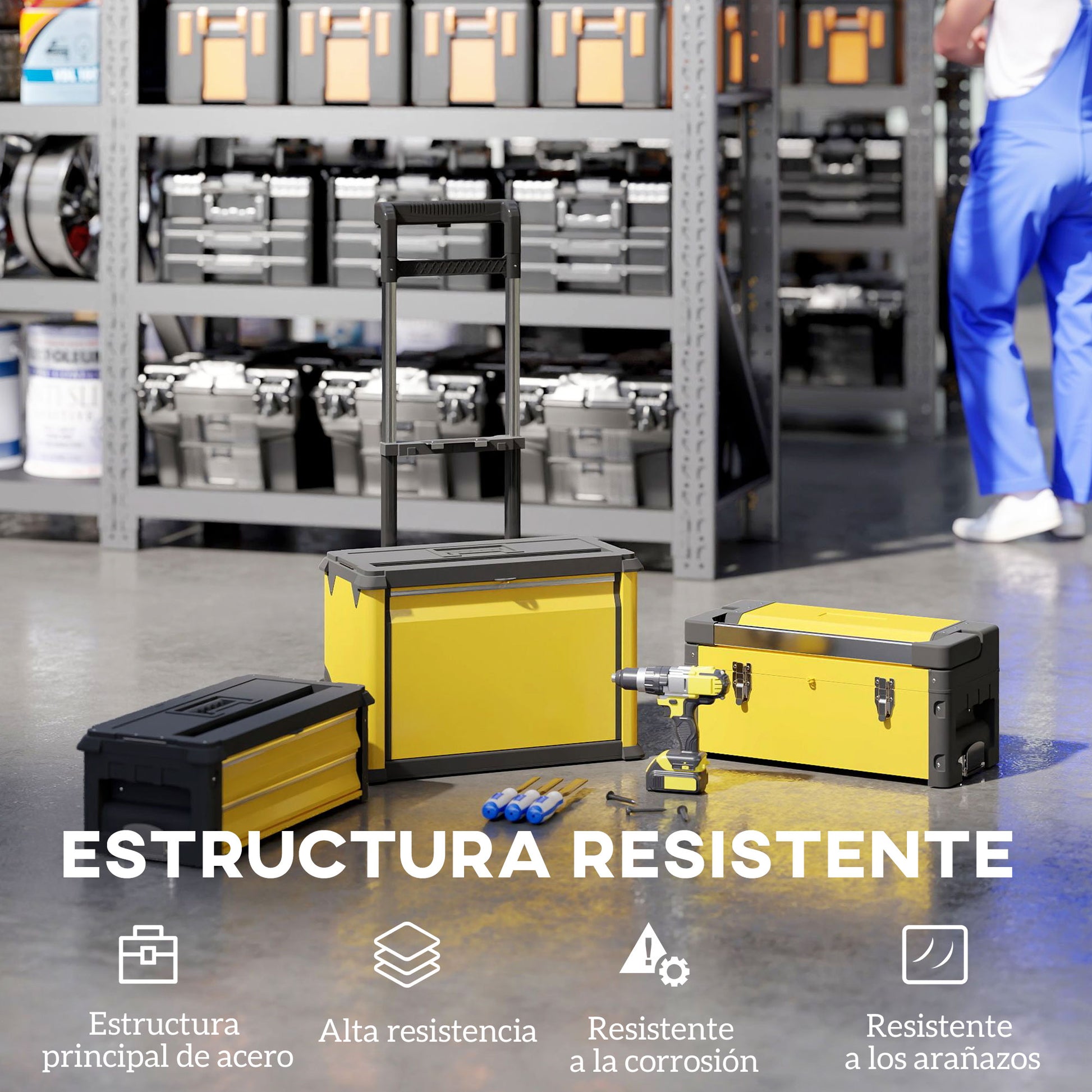 Mobile Stackable 3-in-1 Toolbox with Wheels Steel Tool Cart with Telescopic Handle Yellow and Black