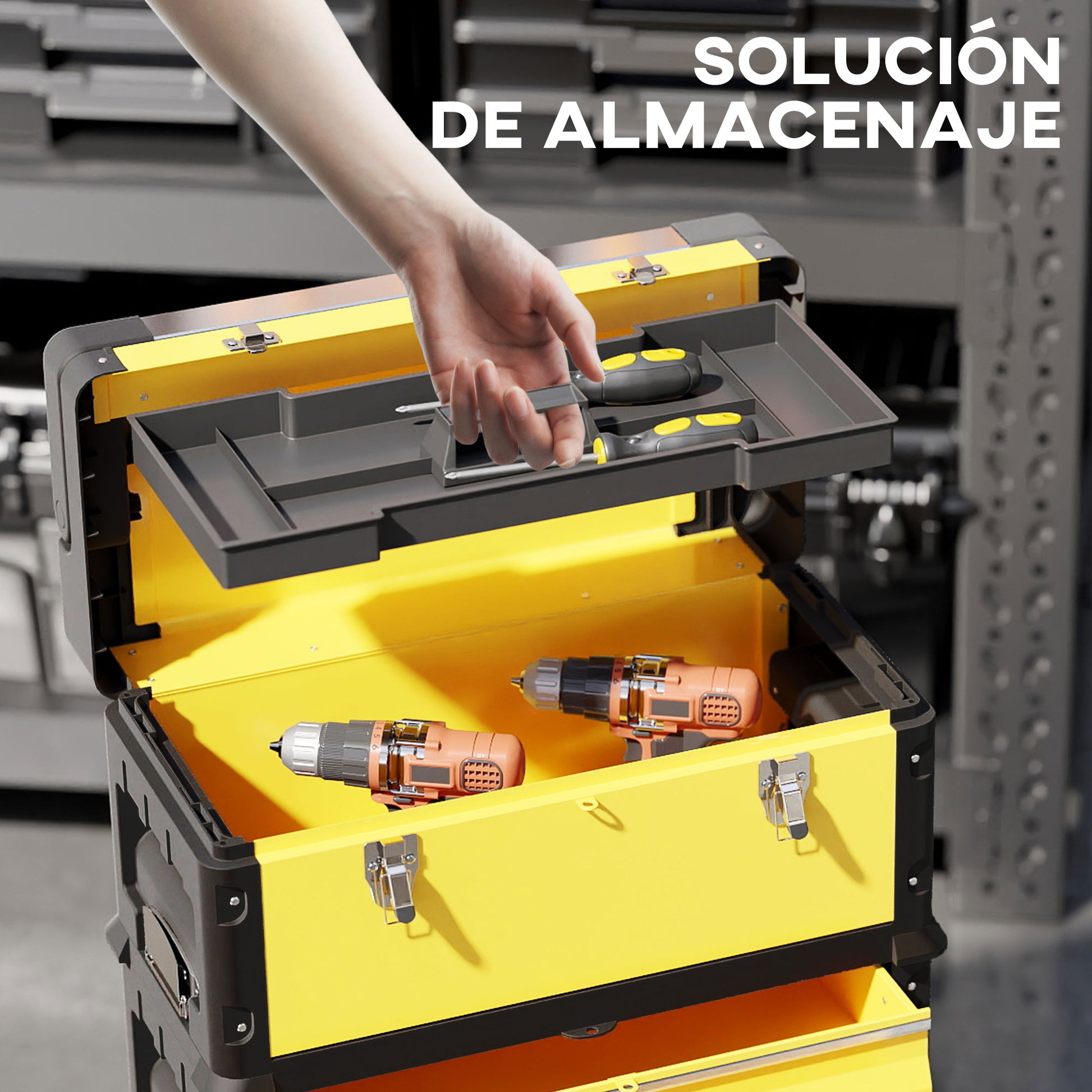Mobile Stackable 3-in-1 Toolbox with Wheels Steel Tool Cart with Telescopic Handle Yellow and Black