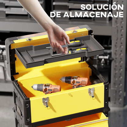 Mobile Stackable 3-in-1 Toolbox with Wheels Steel Tool Cart with Telescopic Handle Yellow and Black