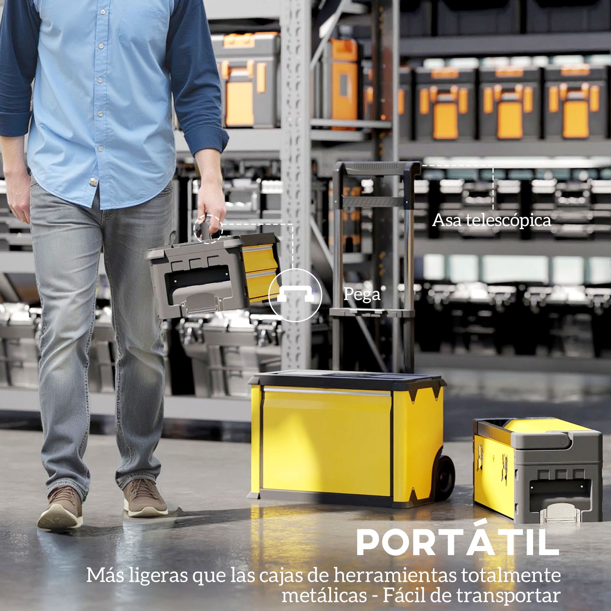 Mobile Stackable 3-in-1 Toolbox with Wheels Steel Tool Cart with Telescopic Handle Yellow and Black