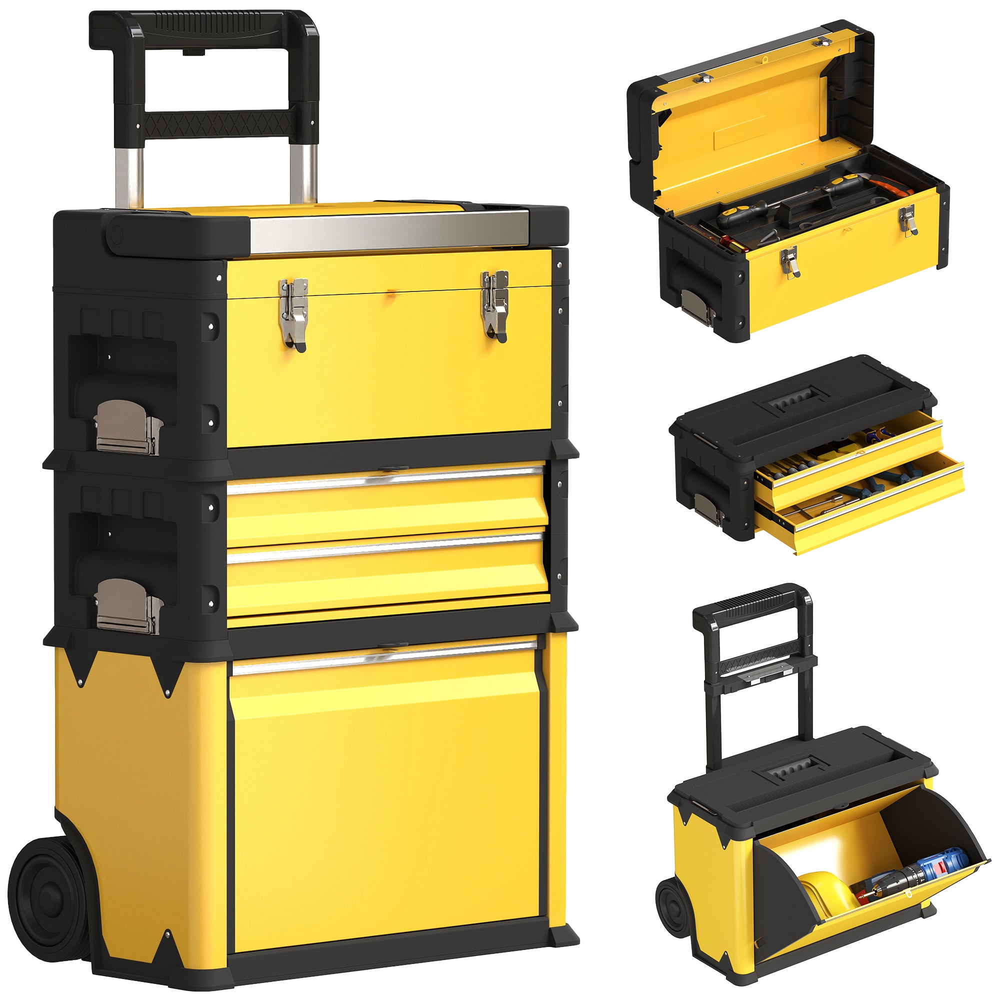 Mobile Stackable 3-in-1 Toolbox with Wheels Steel Tool Cart with Telescopic Handle Yellow and Black