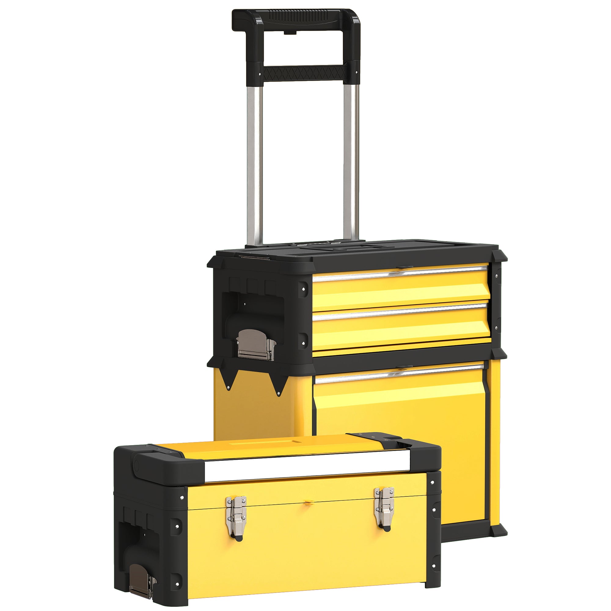 Mobile Stackable 3-in-1 Toolbox with Wheels Steel Tool Cart with Telescopic Handle Yellow and Black