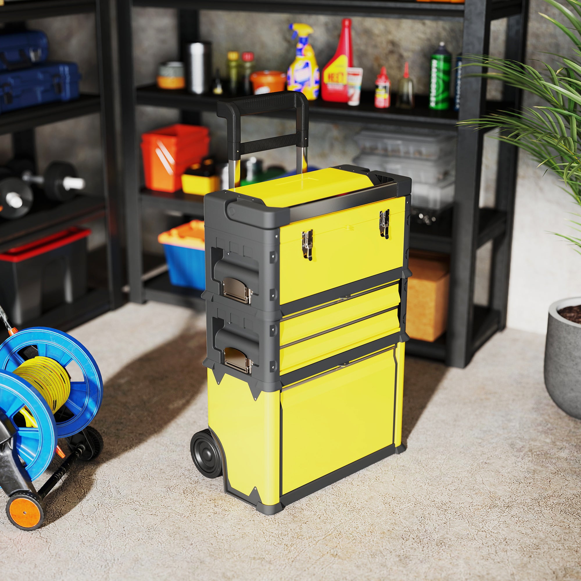 Mobile Stackable 3-in-1 Toolbox with Wheels Steel Tool Cart with Telescopic Handle Yellow and Black