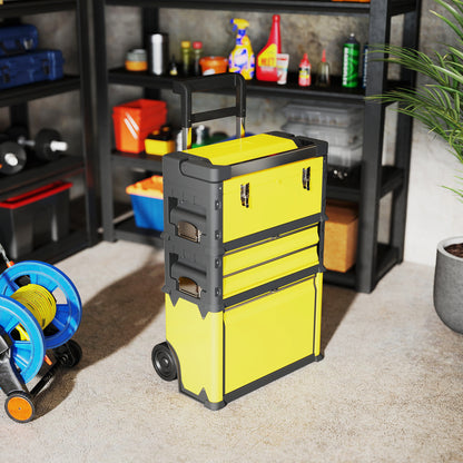 Mobile Stackable 3-in-1 Toolbox with Wheels Steel Tool Cart with Telescopic Handle Yellow and Black