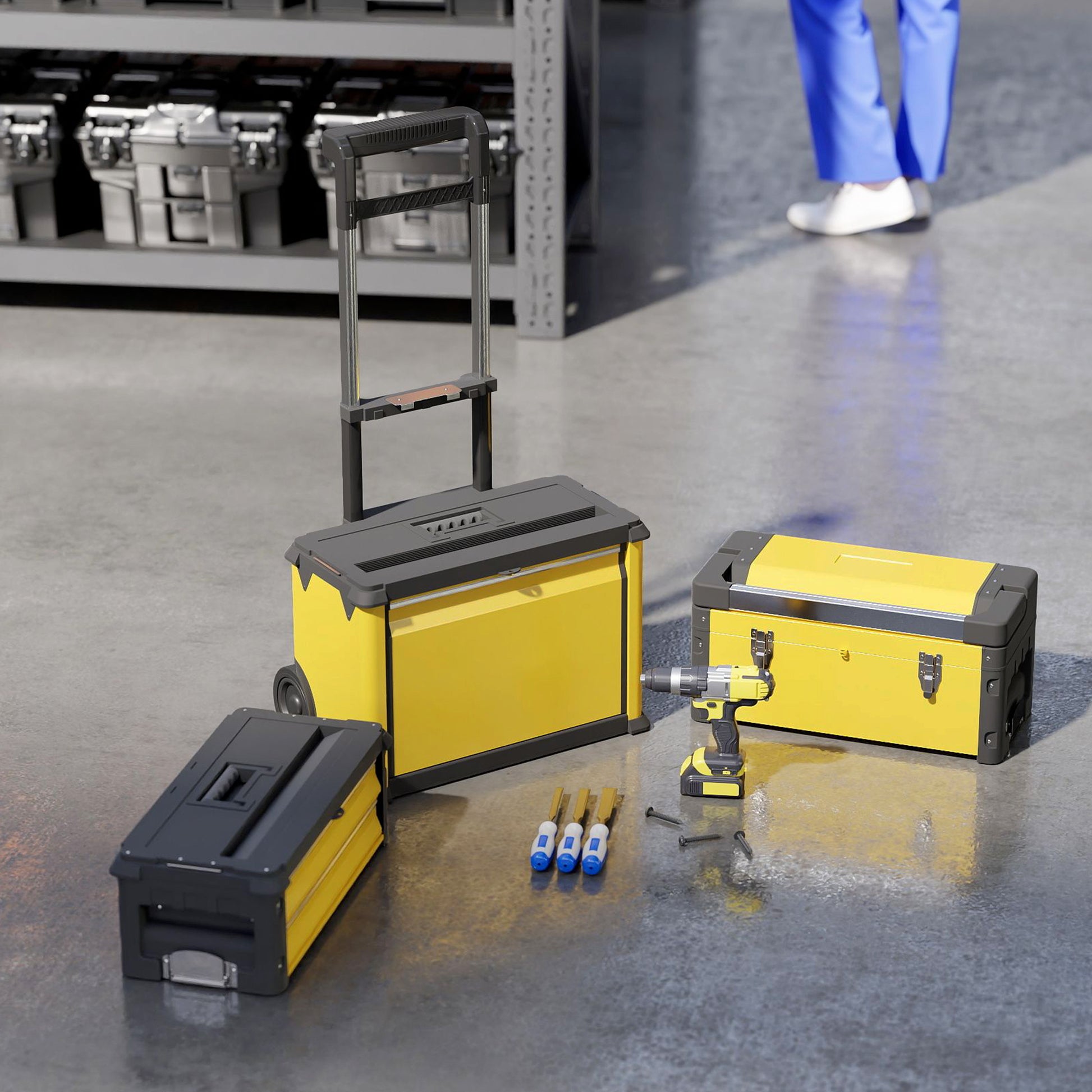 Mobile Stackable 3-in-1 Toolbox with Wheels Steel Tool Cart with Telescopic Handle Yellow and Black