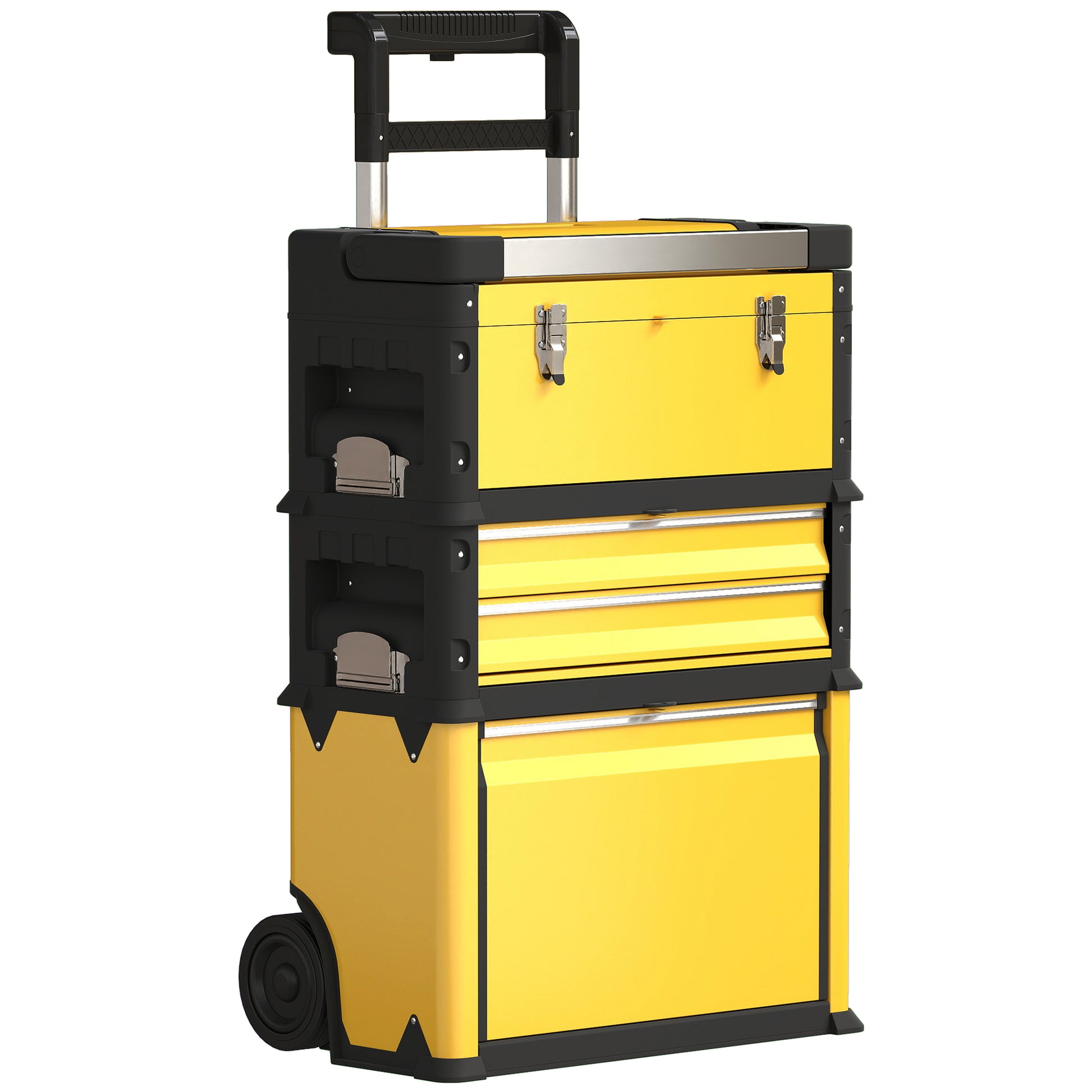 Mobile Stackable 3-in-1 Toolbox with Wheels Steel Tool Cart with Telescopic Handle Yellow and Black