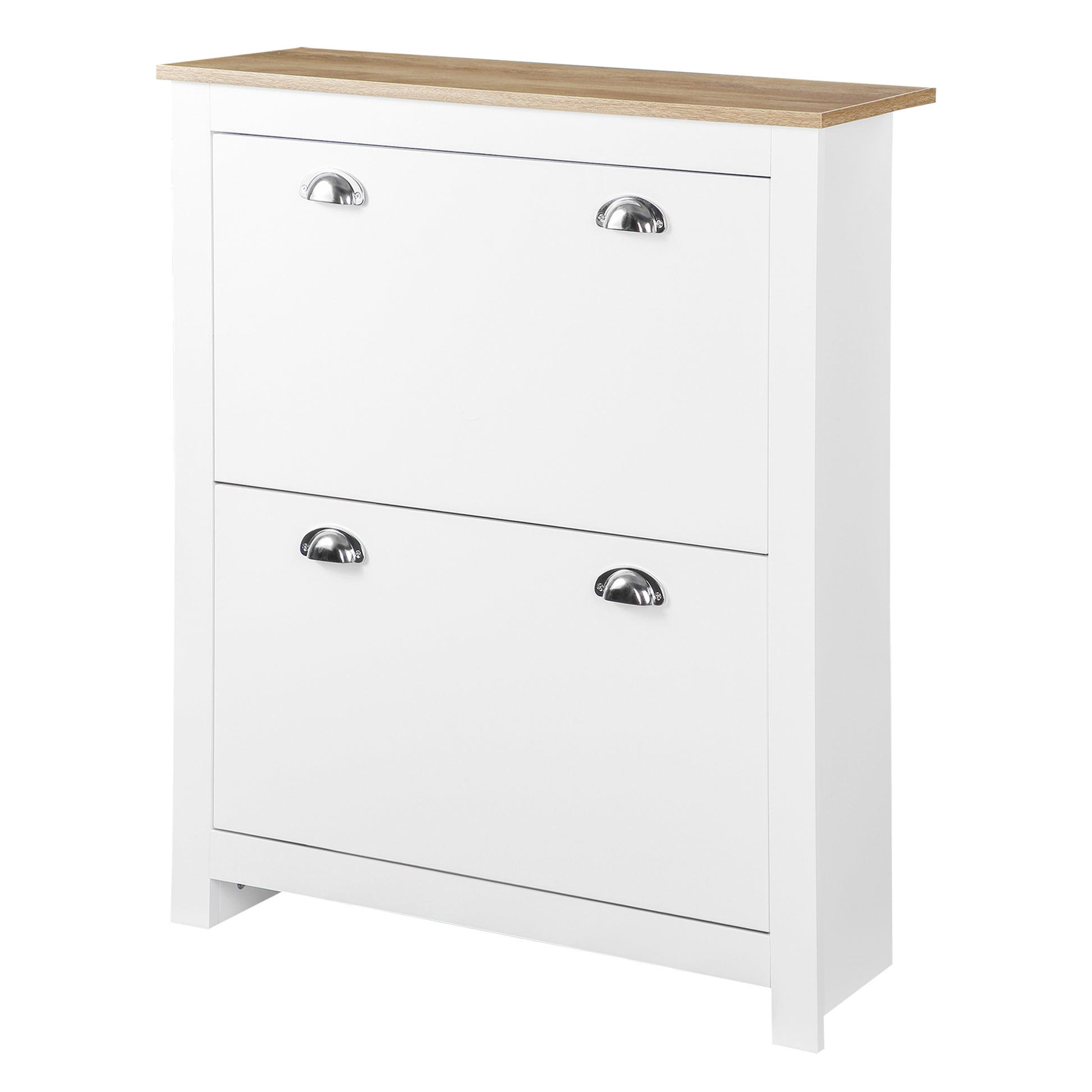 Narrow Shoe Cabinet Entryway Shoe Storage with 2 Fold-Down Drawers Adjustable Shelves for 12 Pairs of Shoes for Hallway 79x23x90.5 cm White