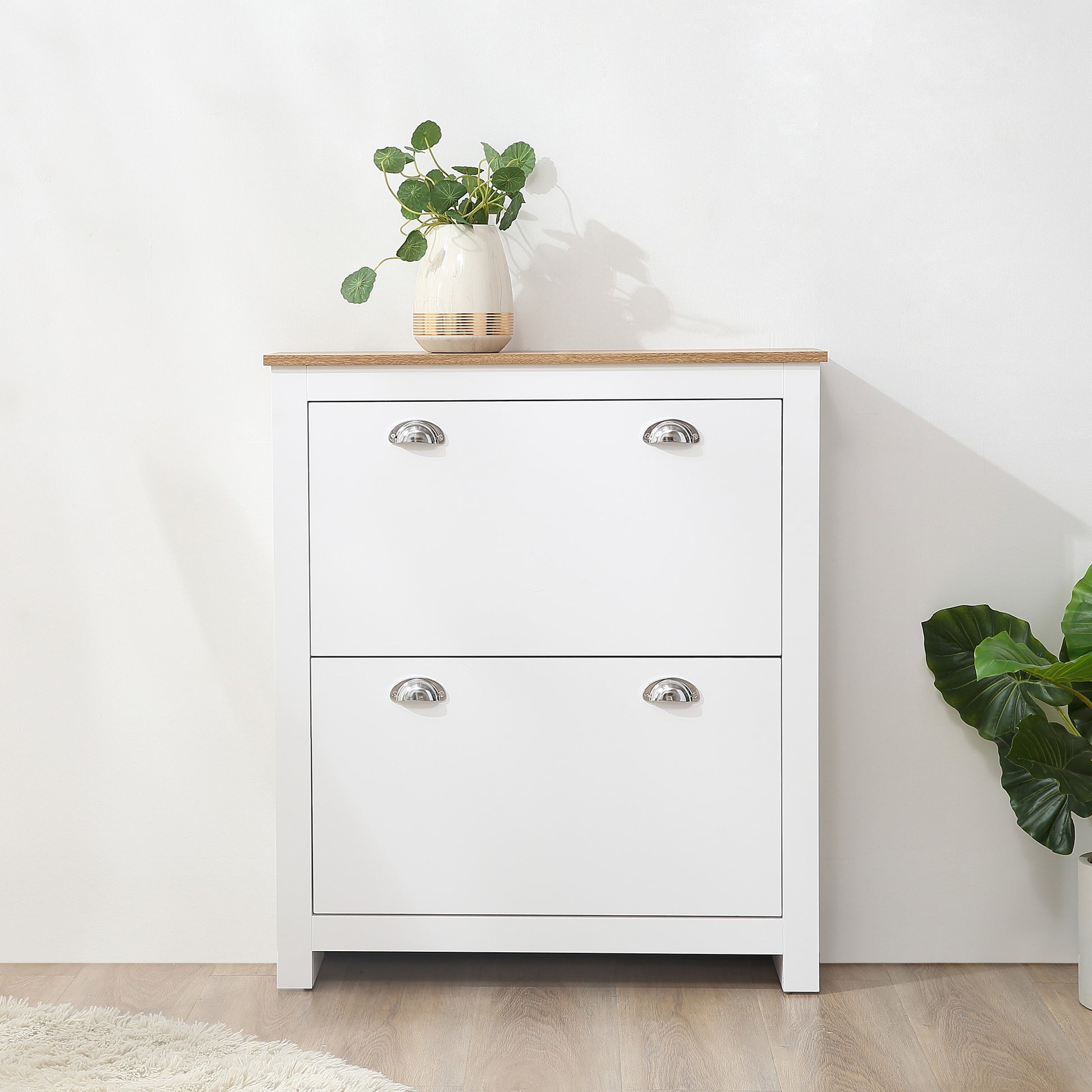 Narrow Shoe Cabinet Entryway Shoe Storage with 2 Fold-Down Drawers Adjustable Shelves for 12 Pairs of Shoes for Hallway 79x23x90.5 cm White