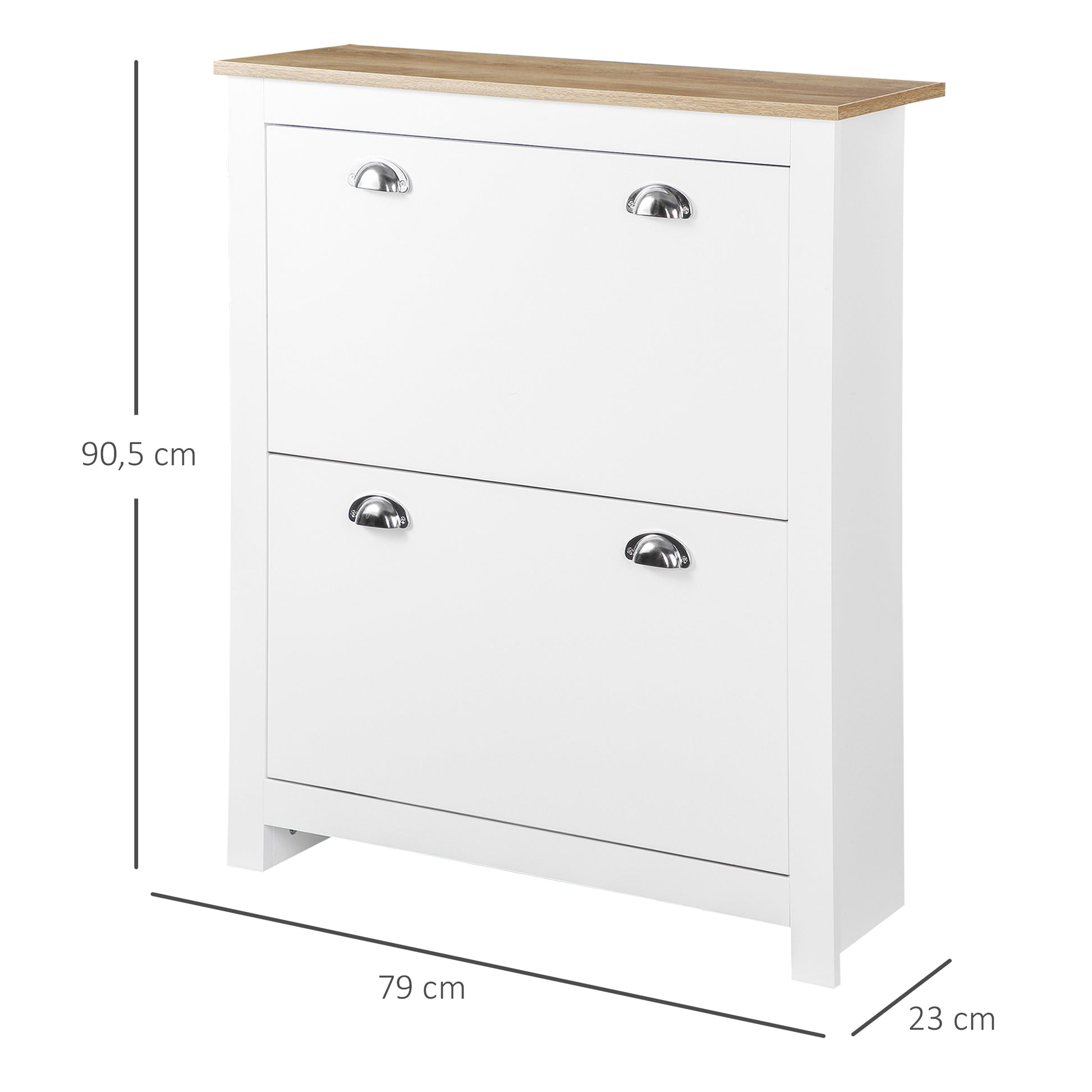 Narrow Shoe Cabinet Entryway Shoe Storage with 2 Fold-Down Drawers Adjustable Shelves for 12 Pairs of Shoes for Hallway 79x23x90.5 cm White
