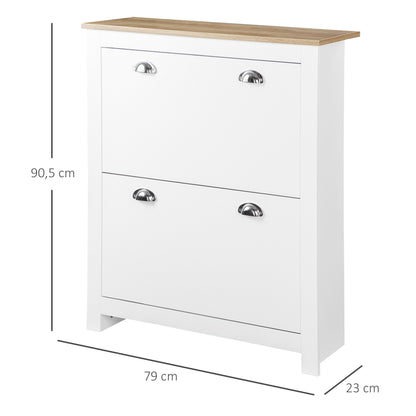 Narrow Shoe Cabinet Entryway Shoe Storage with 2 Fold-Down Drawers Adjustable Shelves for 12 Pairs of Shoes for Hallway 79x23x90.5 cm White