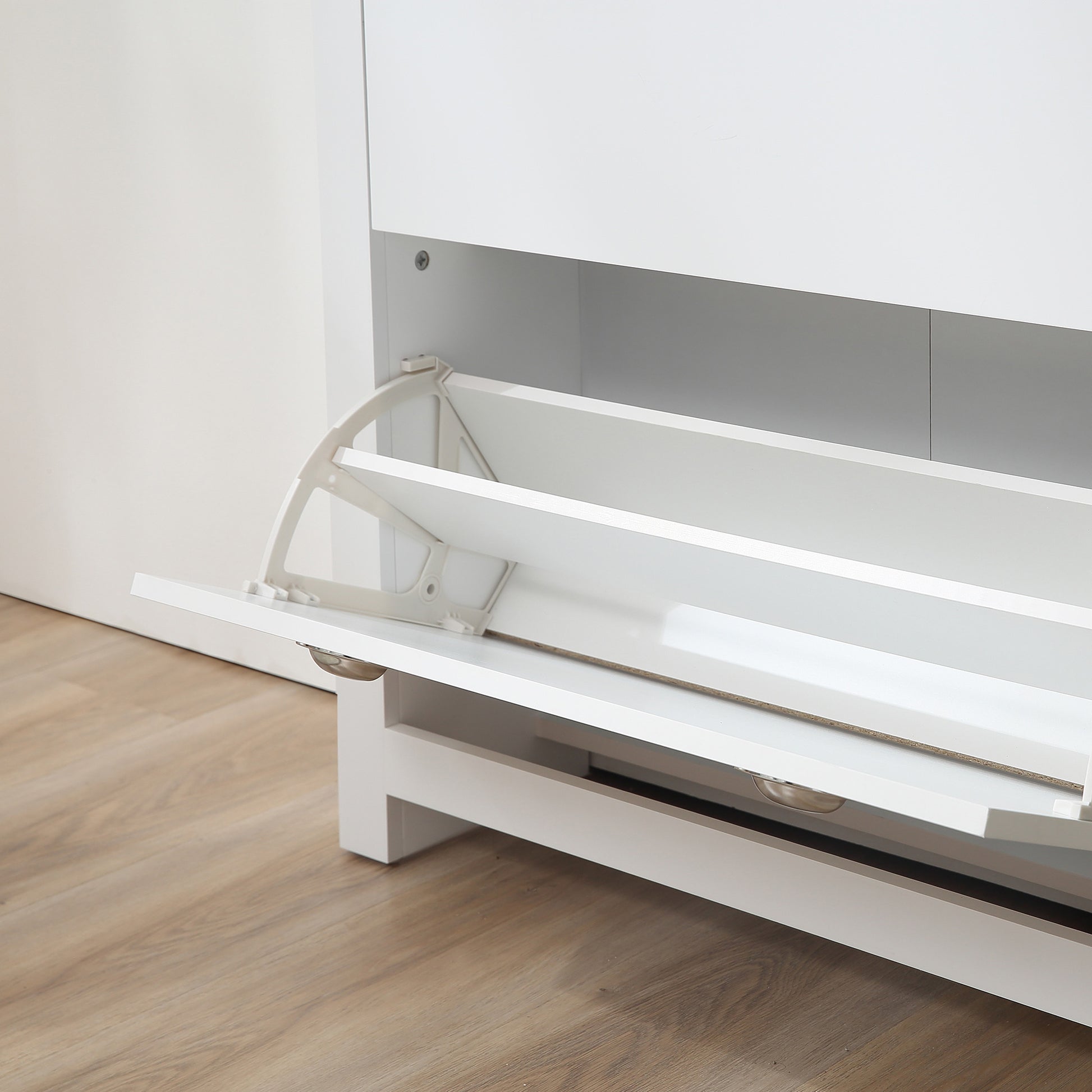 Narrow Shoe Cabinet Entryway Shoe Storage with 2 Fold-Down Drawers Adjustable Shelves for 12 Pairs of Shoes for Hallway 79x23x90.5 cm White
