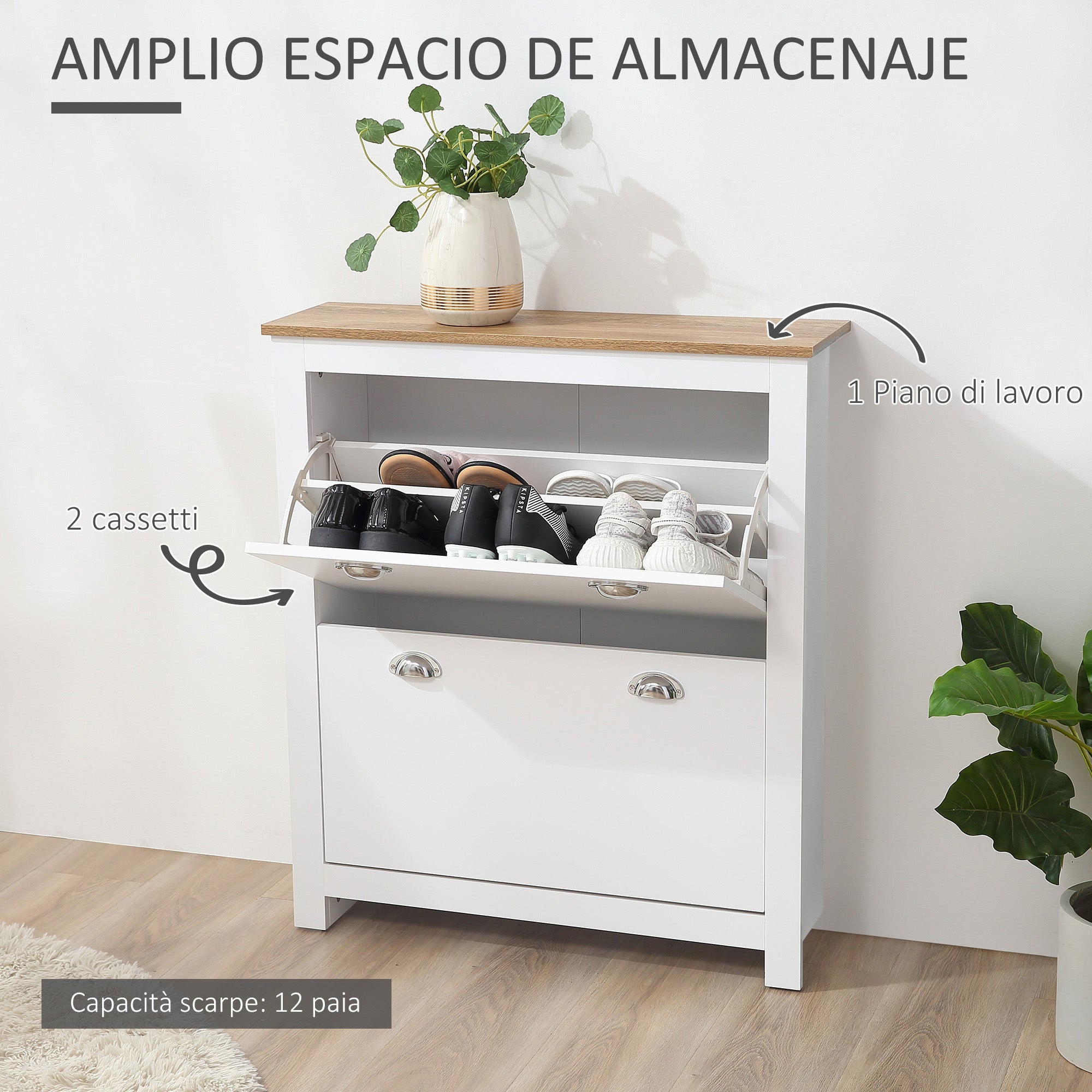 Narrow Shoe Cabinet Entryway Shoe Storage with 2 Fold-Down Drawers Adjustable Shelves for 12 Pairs of Shoes for Hallway 79x23x90.5 cm White